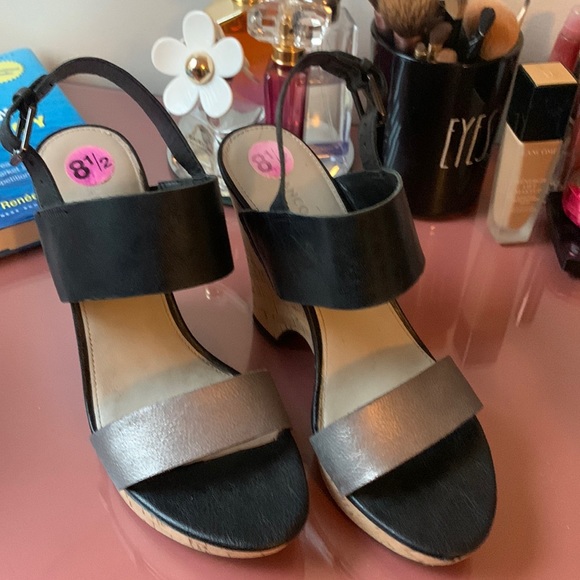 Franco Sarto Shoes - Women's Franco Sarto, Gardenia High Heel Wedge Sandals 8.5 Black & Silver